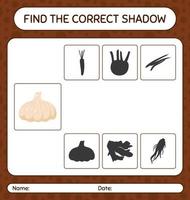 Find the correct shadows game with garlic. worksheet for preschool kids, kids activity sheet vector