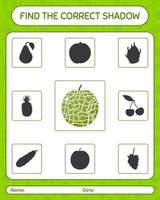 encuentra el juego de sombras correcto con melón. hoja de trabajo para niños en edad preescolar, hoja de actividades para niños vector