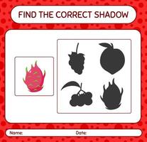 encuentra el juego de sombras correcto con dragonfruit. hoja de trabajo para niños en edad preescolar, hoja de actividades para niños vector