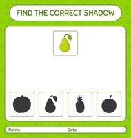 Find the correct shadows game with pear. worksheet for preschool kids, kids activity sheet vector