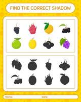 encuentra el juego de sombras correcto con frutas. hoja de trabajo para niños en edad preescolar, hoja de actividades para niños vector