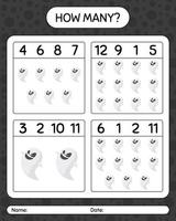 How many counting game with ghost. worksheet for preschool kids, kids activity sheet vector