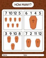 How many counting game with coffin. worksheet for preschool kids, kids activity sheet vector