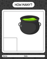 How many counting game with cauldron. worksheet for preschool kids, kids activity sheet vector