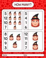 How many counting game with witch. worksheet for preschool kids, kids activity sheet vector