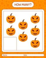 How many counting game with jack o' lantern. worksheet for preschool kids, kids activity sheet vector