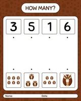 How many counting game with owl. worksheet for preschool kids, kids activity sheet vector