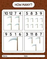 How many counting game with scythe. worksheet for preschool kids, kids activity sheet vector