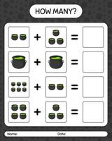 How many counting game with cauldron. worksheet for preschool kids, kids activity sheet vector