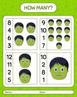 How many counting game with zombie. worksheet for preschool kids, kids activity sheet vector