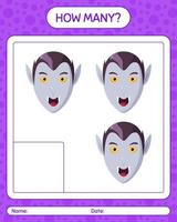 How many counting game with vampire. worksheet for preschool kids, kids activity sheet vector