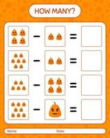 How many counting game with jack o' lantern. worksheet for preschool kids, kids activity sheet vector