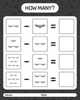 How many counting game with bat. worksheet for preschool kids, kids activity sheet vector