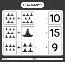 How many counting game with witch's hat. worksheet for preschool kids, kids activity sheet vector