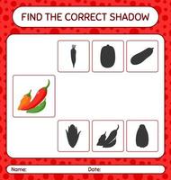 Find the correct shadows game with chili pepper. worksheet for preschool kids, kids activity sheet vector