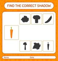 Find the correct shadows game with carrot. worksheet for preschool kids, kids activity sheet vector