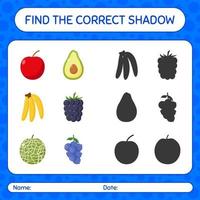 encuentra el juego de sombras correcto con frutas. hoja de trabajo para niños en edad preescolar, hoja de actividades para niños vector