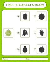 encuentra el juego de sombras correcto con melón. hoja de trabajo para niños en edad preescolar, hoja de actividades para niños vector