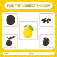 Find the correct shadows game with lemon. worksheet for preschool kids, kids activity sheet vector