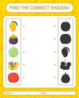 encuentra el juego de sombras correcto con frutas. hoja de trabajo para niños en edad preescolar, hoja de actividades para niños vector