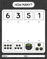 How many counting game with cauldron. worksheet for preschool kids, kids activity sheet vector