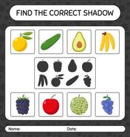 encuentra el juego de sombras correcto con frutas. hoja de trabajo para niños en edad preescolar, hoja de actividades para niños vector