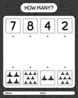 How many counting game with witch's hat. worksheet for preschool kids, kids activity sheet vector