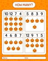 How many counting game with jack o' lantern. worksheet for preschool kids, kids activity sheet vector