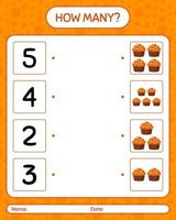 How many counting game with cupcake. worksheet for preschool kids, kids activity sheet vector