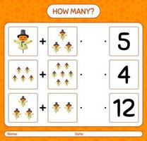 How many counting game with scarecrow. worksheet for preschool kids, kids activity sheet vector