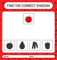 Find the correct shadows game with apple. worksheet for preschool kids, kids activity sheet vector