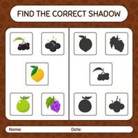 encuentra el juego de sombras correcto con frutas. hoja de trabajo para niños en edad preescolar, hoja de actividades para niños vector