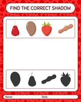 encuentra el juego de sombras correcto con frutas. hoja de trabajo para niños en edad preescolar, hoja de actividades para niños vector