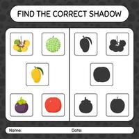 encuentra el juego de sombras correcto con frutas. hoja de trabajo para niños en edad preescolar, hoja de actividades para niños vector