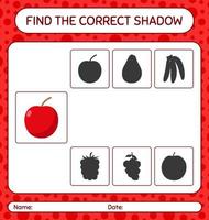 encuentra el juego de sombras correcto con apple. hoja de trabajo para niños en edad preescolar, hoja de actividades para niños vector