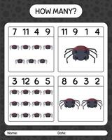 How many counting game with spider. worksheet for preschool kids, kids activity sheet vector