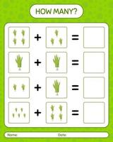 How many counting game with zombie's hand. worksheet for preschool kids, kids activity sheet vector