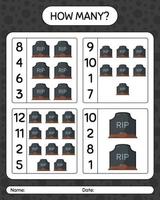 How many counting game with tombstone. worksheet for preschool kids, kids activity sheet vector