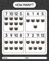 How many counting game with cat. worksheet for preschool kids, kids activity sheet vector