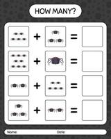 How many counting game with spider. worksheet for preschool kids, kids activity sheet vector