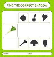 Find the correct shadows game with leek. worksheet for preschool kids, kids activity sheet vector