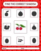 Find the correct shadows game with indian prune. worksheet for preschool kids, kids activity sheet vector
