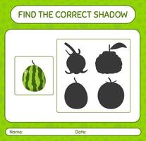 encuentra el juego de sombras correcto con sandía. hoja de trabajo para niños en edad preescolar, hoja de actividades para niños vector