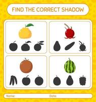 encuentra el juego de sombras correcto con frutas. hoja de trabajo para niños en edad preescolar, hoja de actividades para niños vector