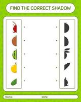 encuentra el juego de sombras correcto con frutas. hoja de trabajo para niños en edad preescolar, hoja de actividades para niños vector