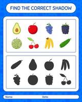 encuentra el juego de sombras correcto con frutas. hoja de trabajo para niños en edad preescolar, hoja de actividades para niños vector