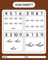 How many counting game with bat. worksheet for preschool kids, kids activity sheet vector