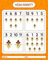 How many counting game with scarecrow. worksheet for preschool kids, kids activity sheet vector