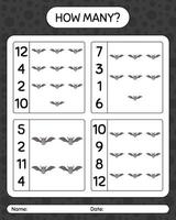How many counting game with bat. worksheet for preschool kids, kids activity sheet vector