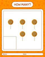 How many counting game with lollipop. worksheet for preschool kids, kids activity sheet vector
